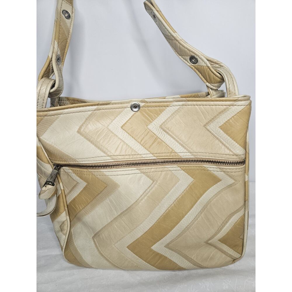 Vintage 70s Handmade Cream Tan Leather Tote Handbag Purse Shoulder Bag Chevron - Picture 5 of 7